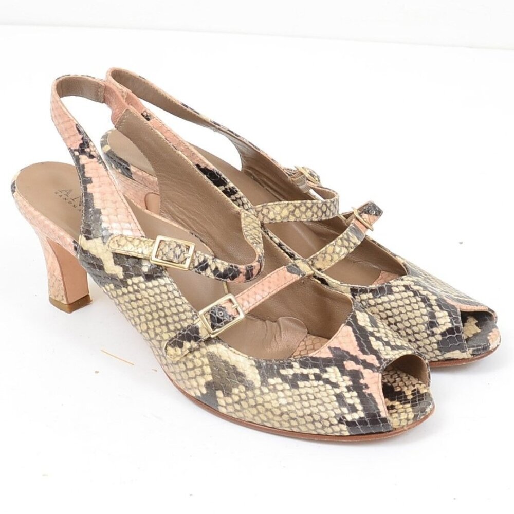 Anyi Lu Snakeskin Leather Mary Jane Peep‎ Toe Retro Slingback Heels EUR 41 US 10